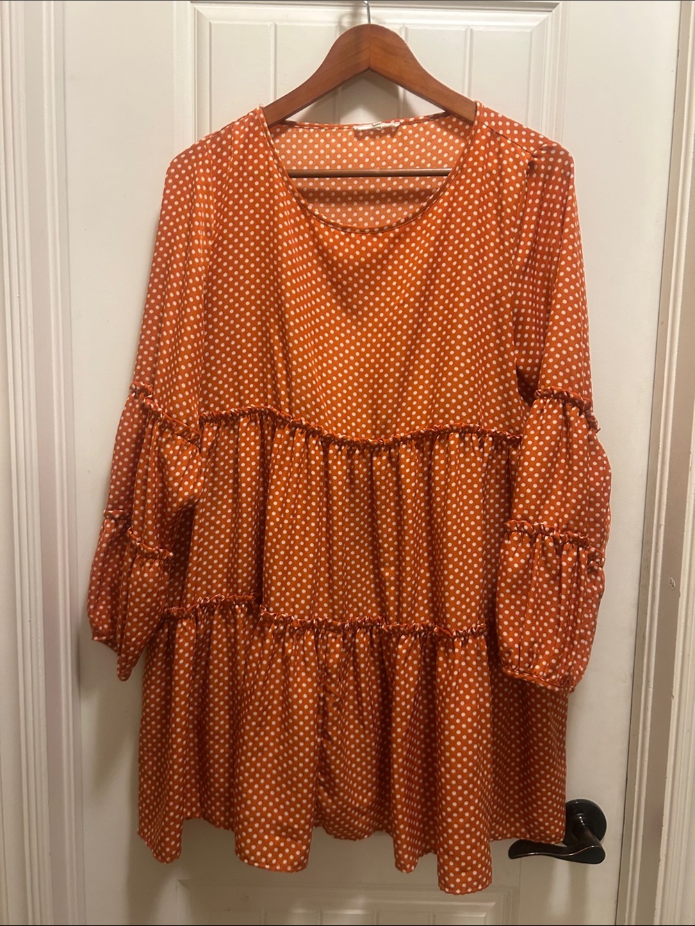 easel Polka Dot Tiered Long Sleeve Dress in pumpkin orange  and White